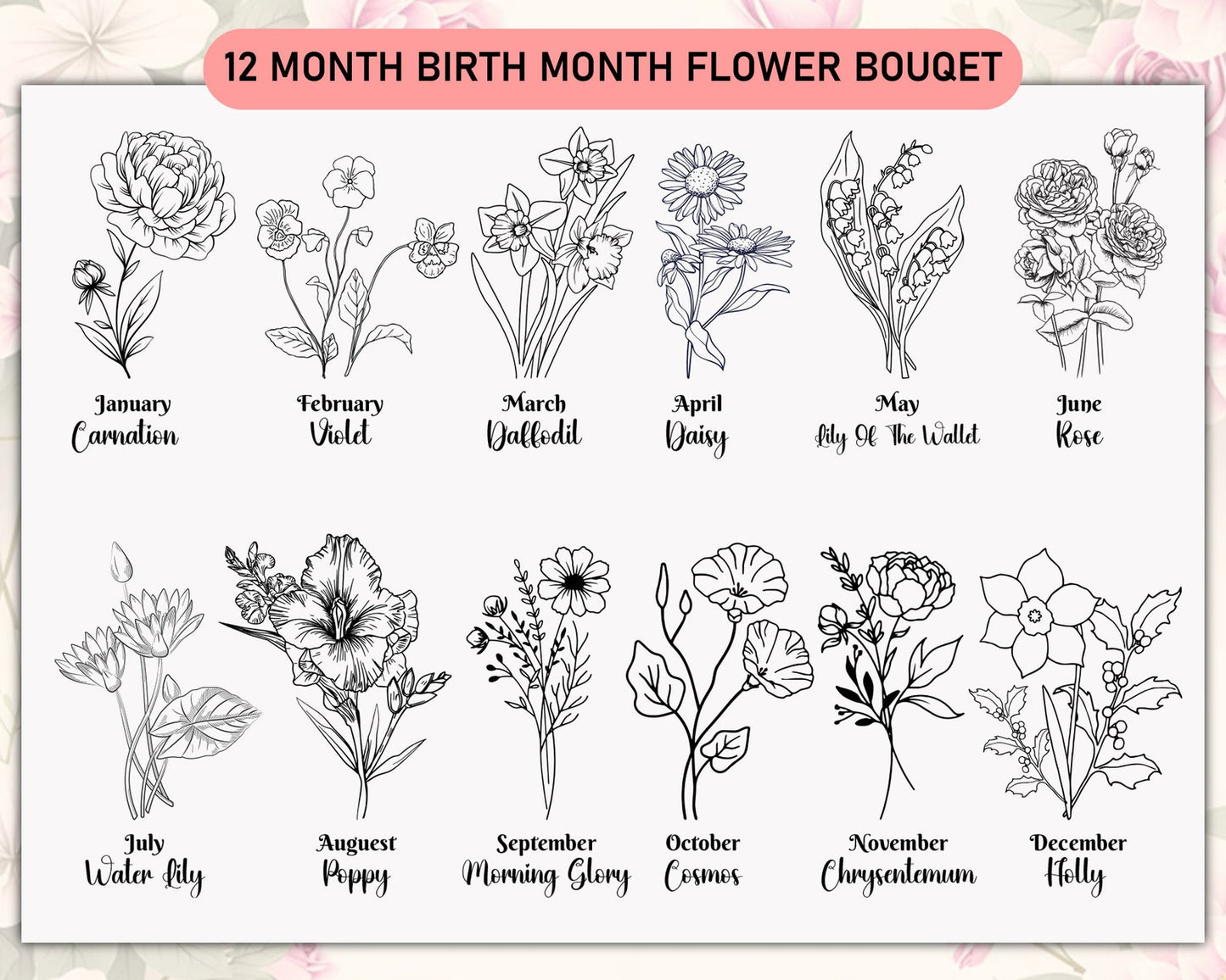 Birth Month Flower SVG, Birth Month Wild Flowers Svg Files, Botanical Floral SVG Bundle, Birthday Flower Clipart, SVG Files for Cricut.