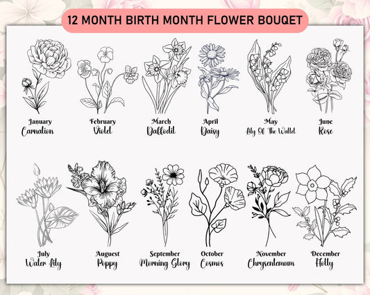 Birth Month Flower SVG, Birth Month Wild Flowers Svg Files, Botanical Floral SVG Bundle, Birthday Flower Clipart, SVG Files for Cricut.