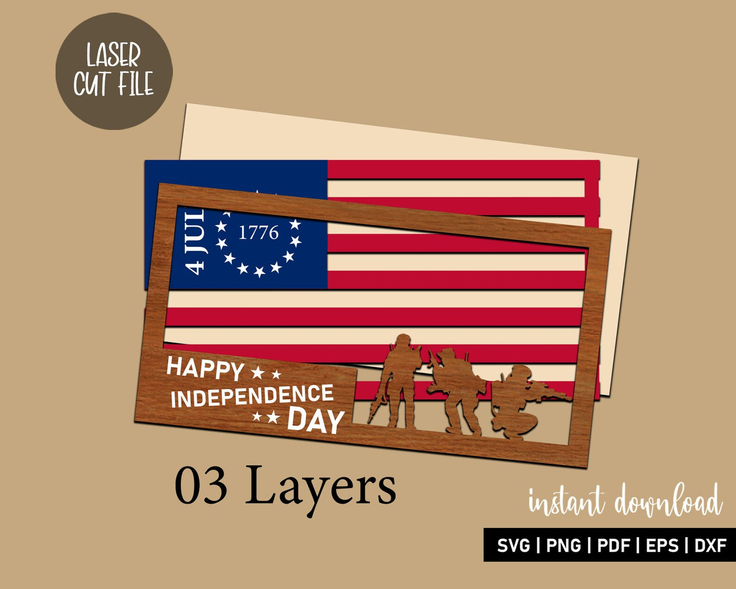 4th of July USA Flag Svg, Happy Independence Day, Memorial Day Svg, American Flag Decor, Patriotic Svg, 3 Layers Laser Cut, Cutting File.