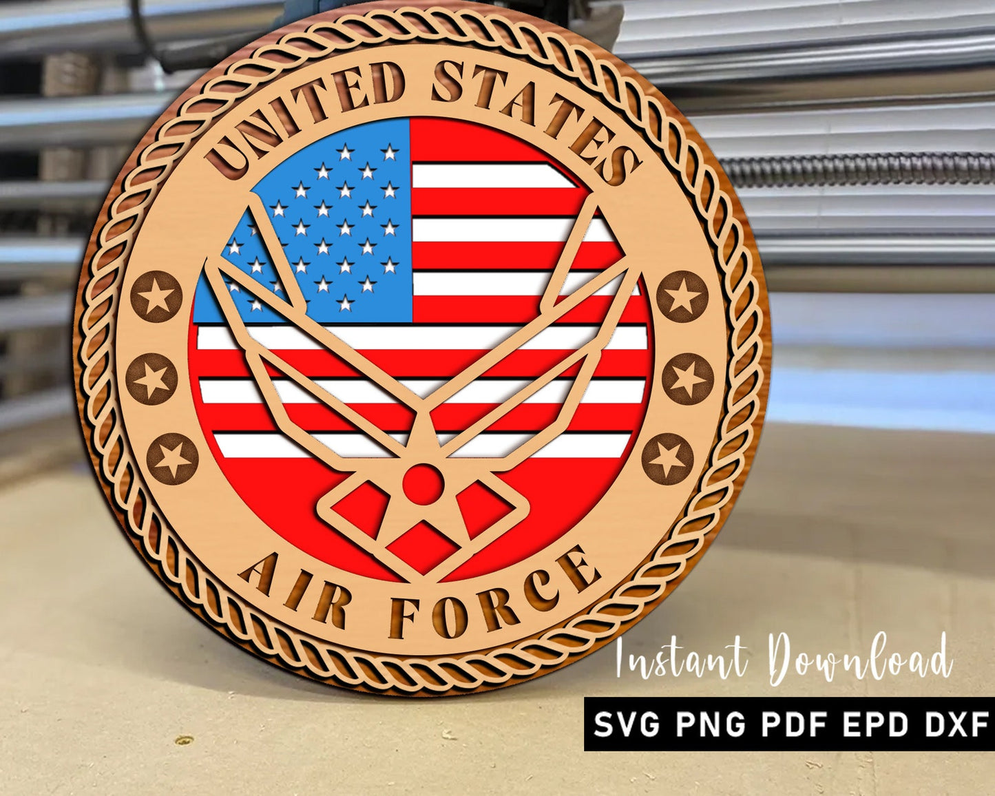 USAF Laser Cut Plaque Veteran Ornament, United States Air Force Stands Lasercut Svg, Military Chief Gift, American Flag SVG, Father's Day.