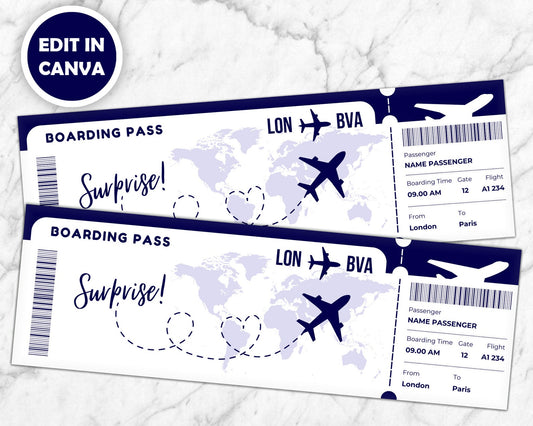 Boarding Pass Template, Editable Canva Airplane Ticket Gift Card, Custom Boarding Pass, Surprise Trip, Travel Gift Card, Customizable Design