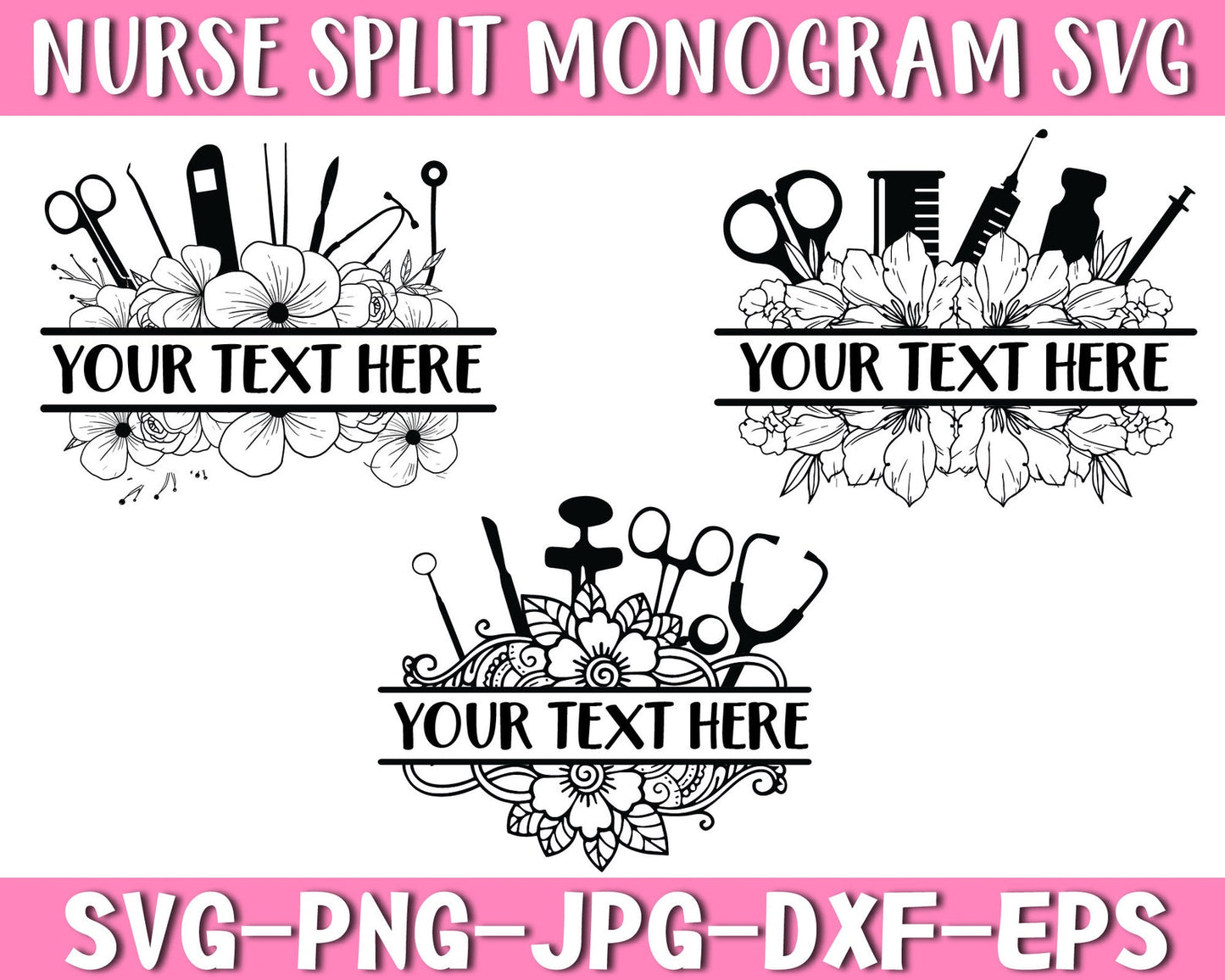 Nurse Split Svg, Nurse Floral Monogram Frame Svg, Nurse Logo Svg, Medical Tool Svg, Stethoscope Bundle, Nurse Name Tag, Doctor Name Frame.