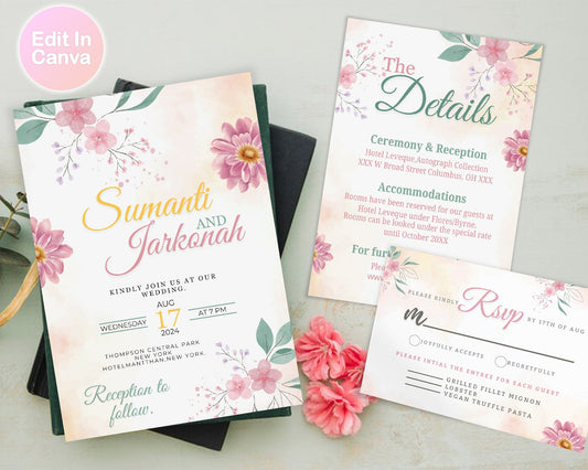 Editable Minimalist Wedding Invitation Bundle, 3-Piece DIY Wedding Invite Set, Online QR Code RSVP & Details, Modern Elegant Template Suite.