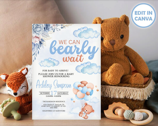 Bear Baby Shower Invitation Template, Editable Template, Boy Baby Shower Invite, We Can Bearly Wait, Teddy Bear Balloons, Boho Baby Shower.