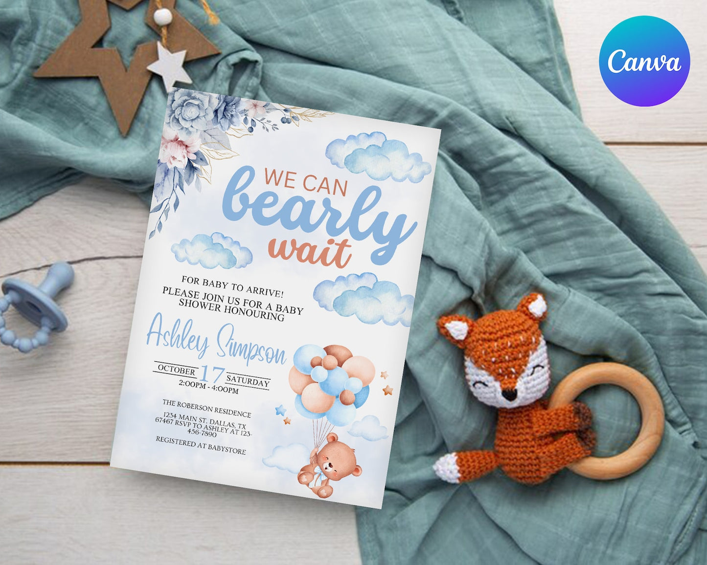 Bear Baby Shower Invitation Template, Editable Template, Boy Baby Shower Invite, We Can Bearly Wait, Teddy Bear Balloons, Boho Baby Shower.