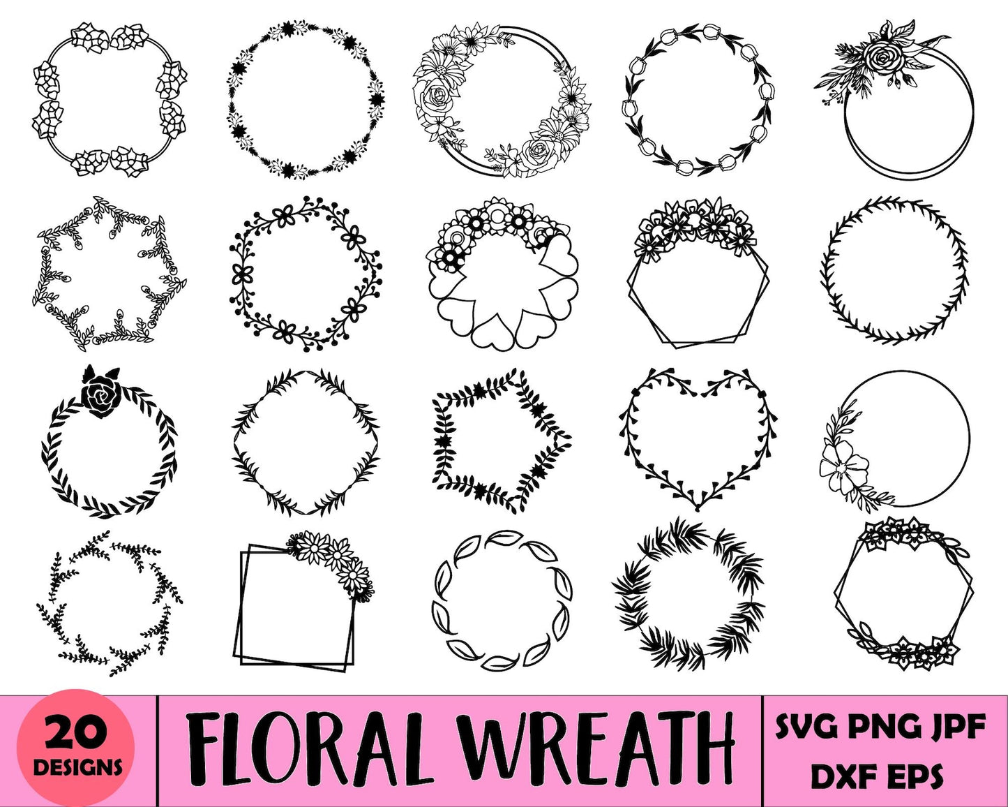 Floral Wreath Svg Bundle, Botanical Wreath Clipart, Wedding Wreath Png, Farmhouse Frame Cut File, Laurel & Flower Elements Svg, Floral Frame