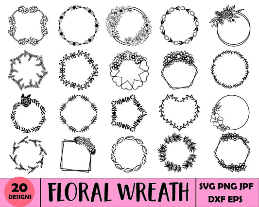 Floral Wreath Svg Bundle, Botanical Wreath Clipart, Wedding Wreath Png, Farmhouse Frame Cut File, Laurel & Flower Elements Svg, Floral Frame