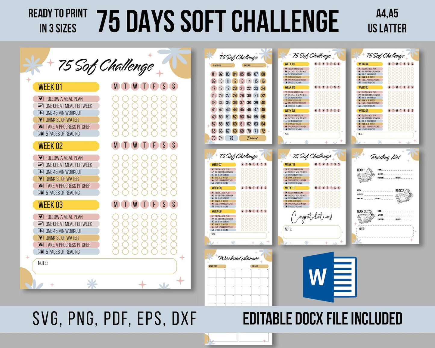 75 Soft Challenge Printable Template, 75 Medium Challenge Tracker, Editable 75 Soft Planner, Workout Journal, Daily Habit & Fitness Tracker.