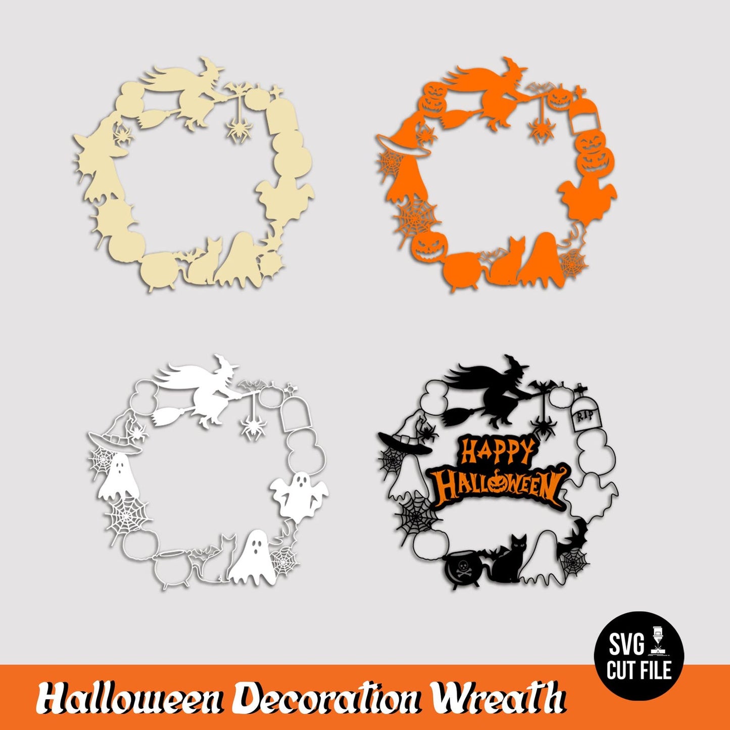 Halloween Decoration Wreath Svg, Interchangeable Spooky Door Wreath, Layered Pumpkin, Ghost Spider Web, 3D Mandala SVG, Paper Craft File.