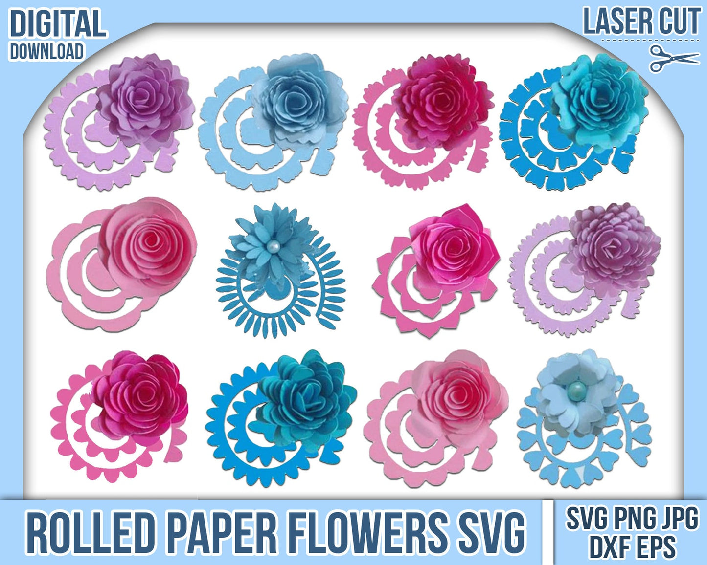 Rolled Flower Svg, 3D Flower Svg, Wedding Paper Flower, Floral Svg, Flower Clipart, Decorative Paper, Paper Roses Template, Mom Gift, Cricut