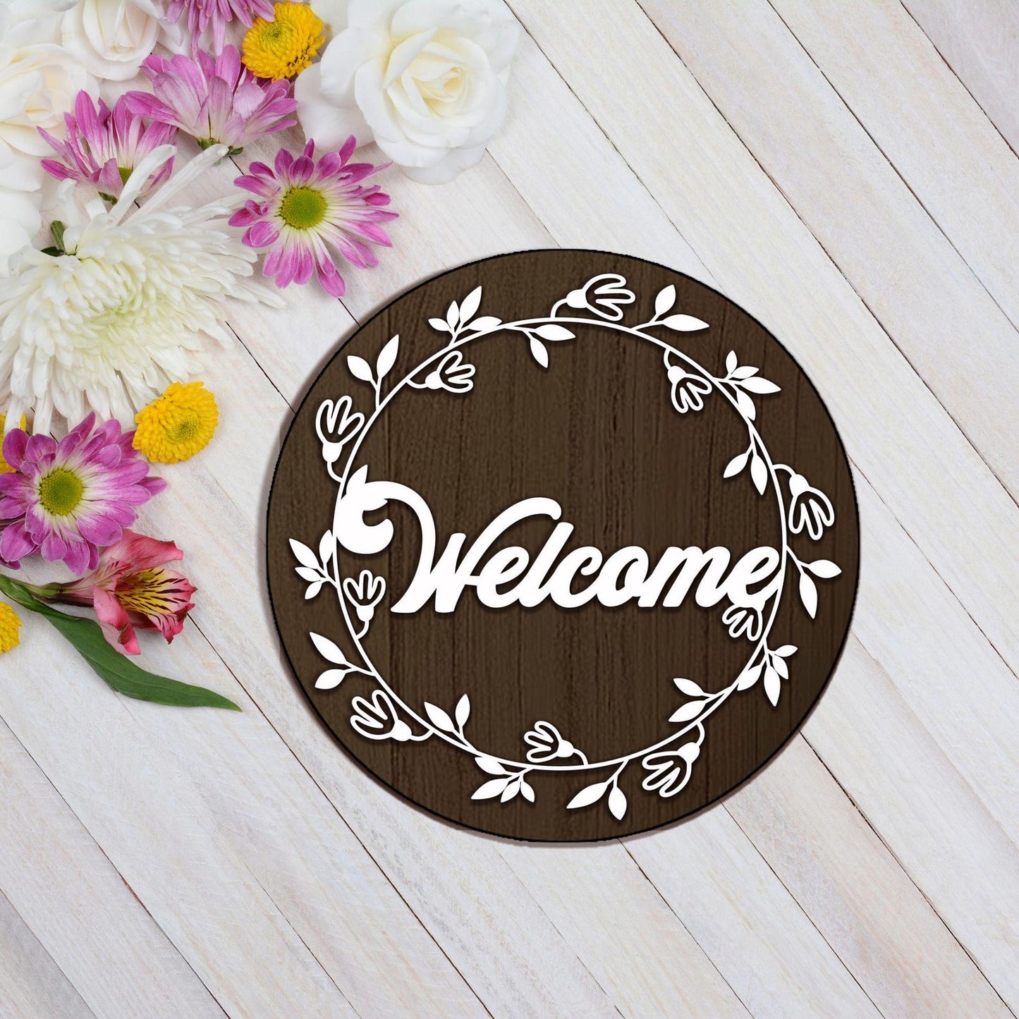 Welcome Door Sign Svg, Florals Door Hanger Design, Welcome Home Svg, Round Door Hanger Svg, Porch Sign SVG, Farmhouse Sign, Files For Cricut