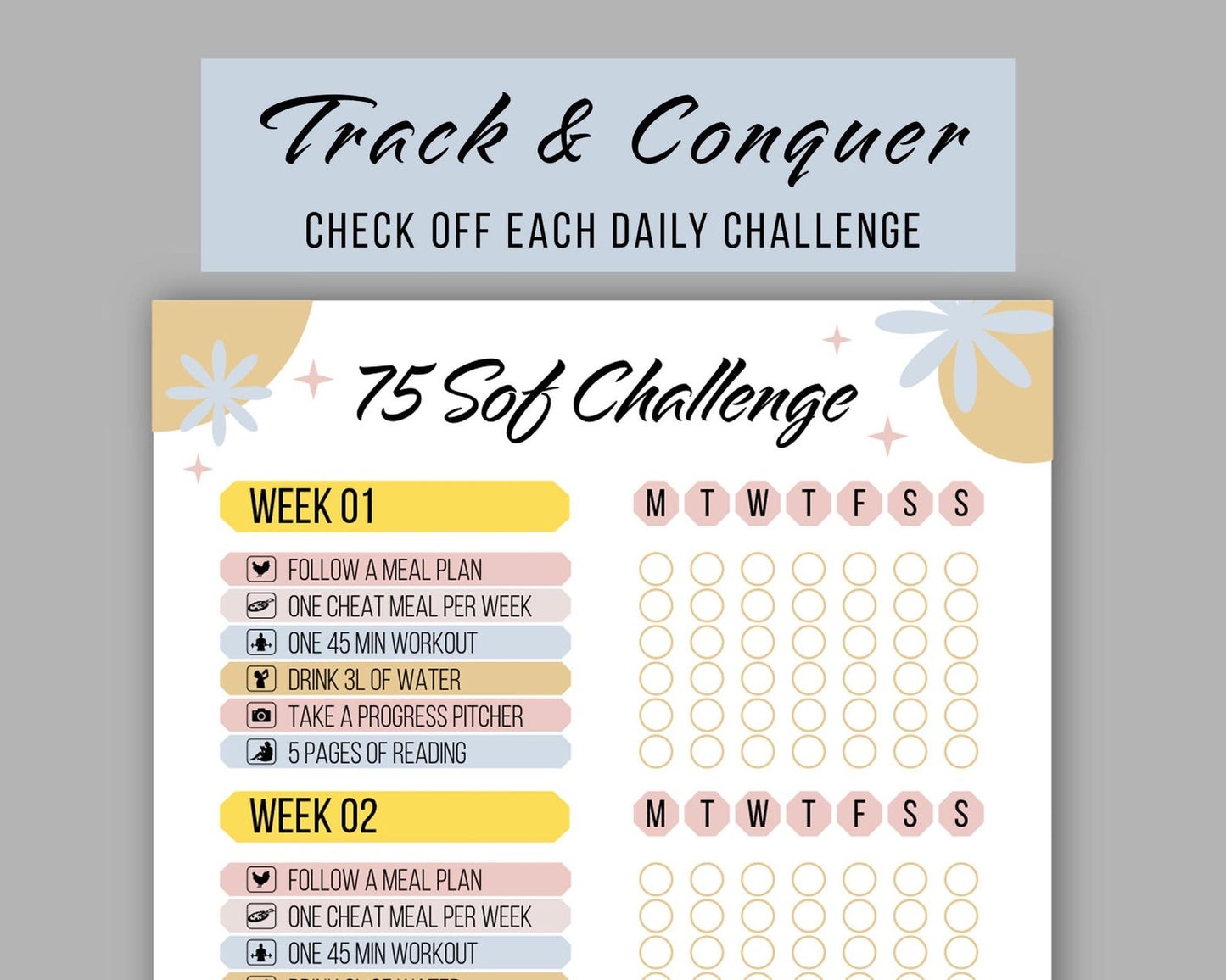 75 Soft Challenge Printable Template, 75 Medium Challenge Tracker, Editable 75 Soft Planner, Workout Journal, Daily Habit & Fitness Tracker.