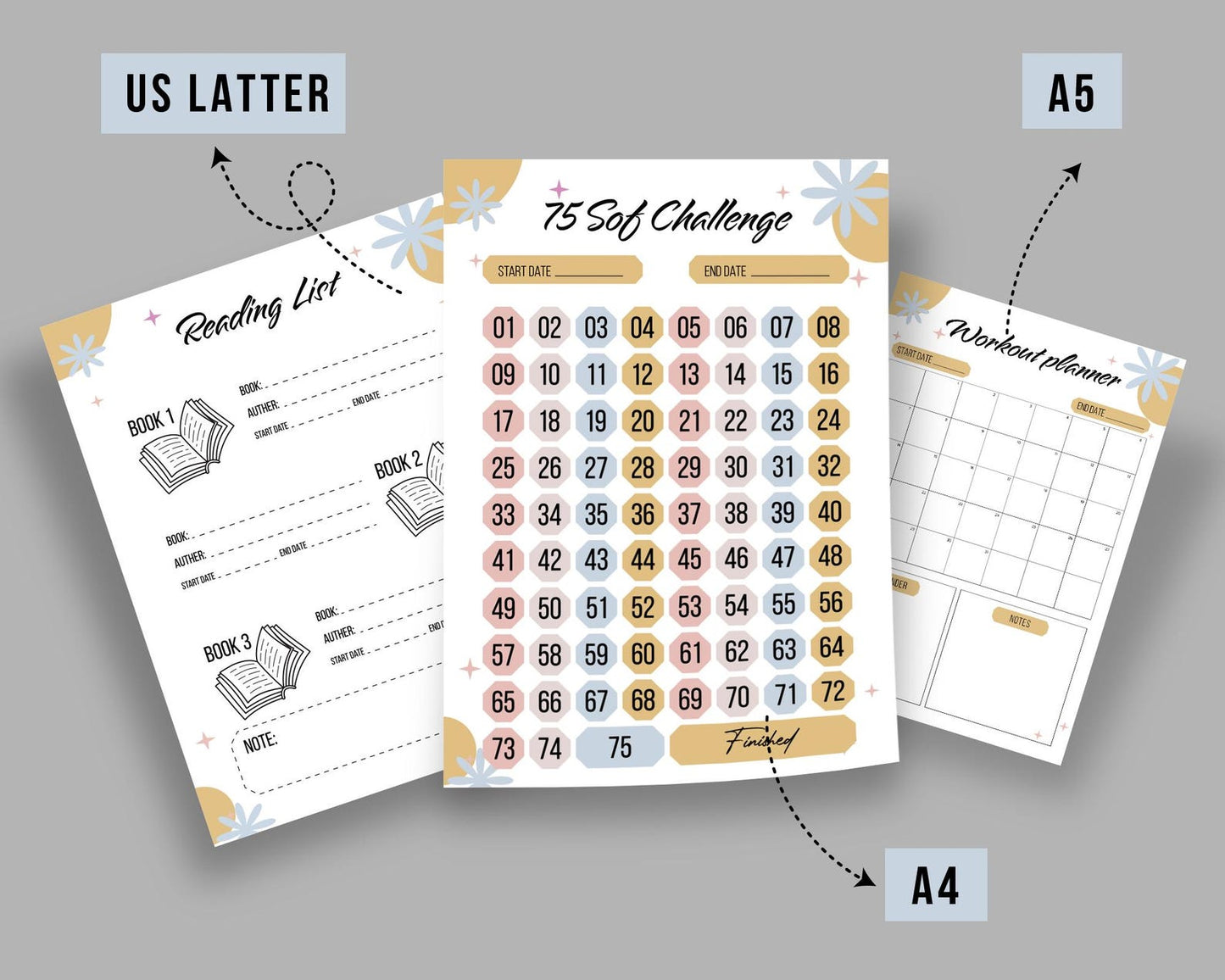 75 Soft Challenge Printable Template, 75 Medium Challenge Tracker, Editable 75 Soft Planner, Workout Journal, Daily Habit & Fitness Tracker.