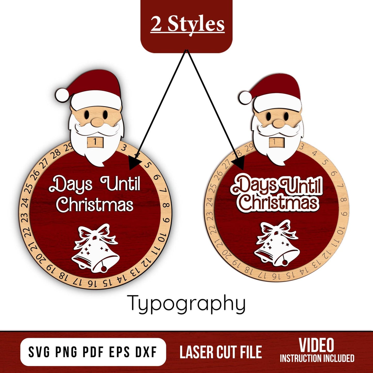 Clock Santa Ornament, Santa Christmas Countdown Laser Cut File, Santa Days Till Christmas Svg, Glowforge Laser Design, Christmas Advent Svg.