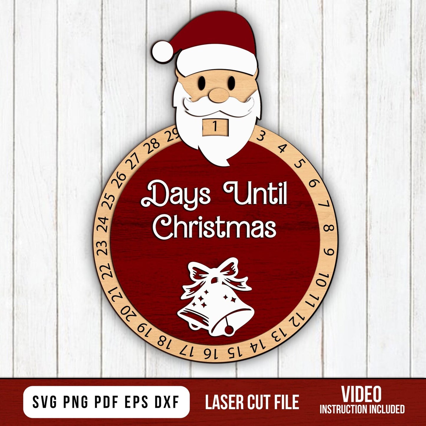 Clock Santa Ornament, Santa Christmas Countdown Laser Cut File, Santa Days Till Christmas Svg, Glowforge Laser Design, Christmas Advent Svg.