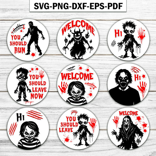 Horror Characters Door Sign Svg Bundle, Halloween Scary Door Hanger Svg, Halloween Welcome Sign Svg, Laser File Svg, Scary Front Door Decor.