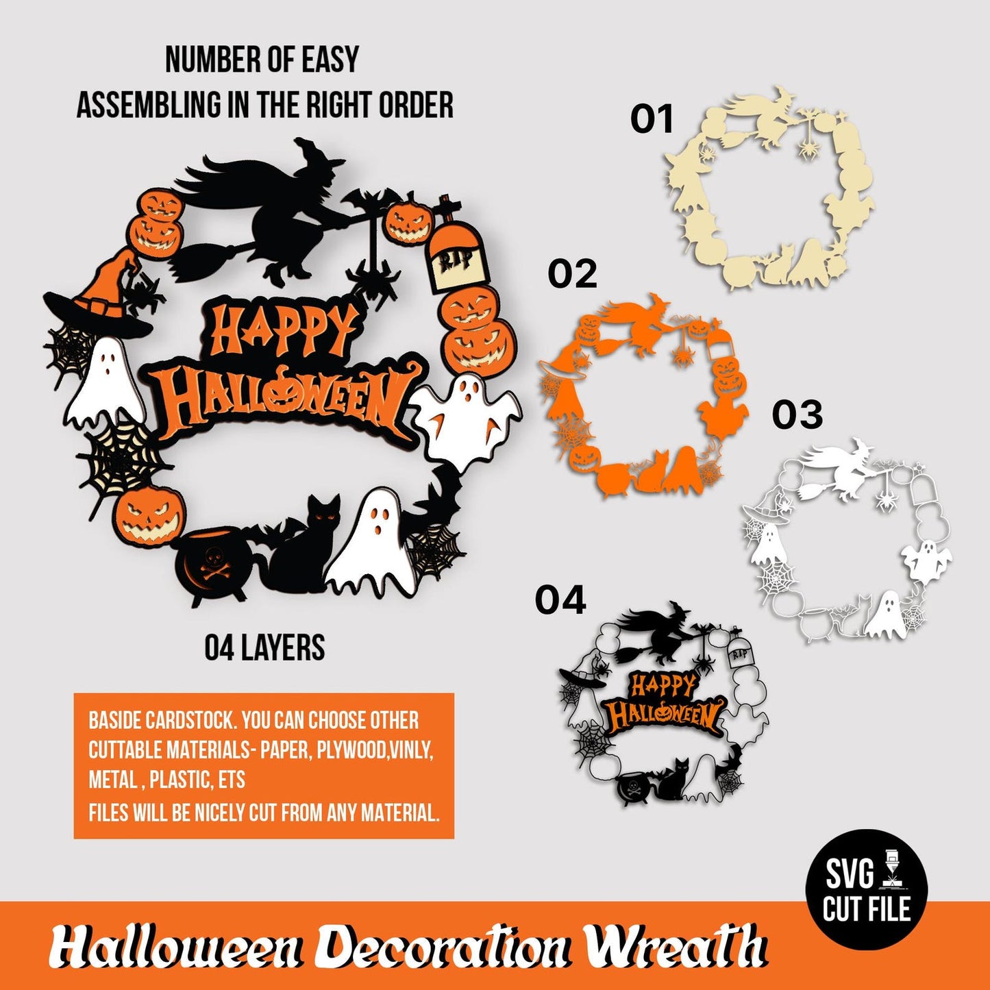 Halloween Decoration Wreath Svg, Interchangeable Spooky Door Wreath, Layered Pumpkin, Ghost Spider Web, 3D Mandala SVG, Paper Craft File.