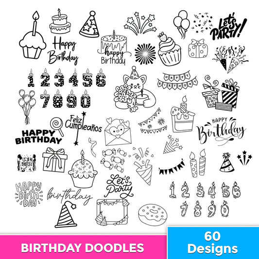 Doodle Birthday Clipart, Doodle Party Set Svg, Doodle Drawings, Coloring Hand Drawn, Groovy Kids Birthday Coloring Png, Outline Cake Banner.