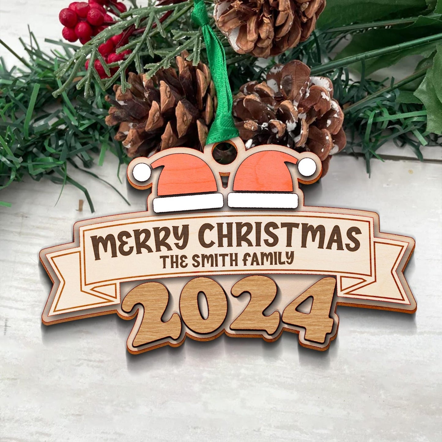 2024 Family Santa Hat Ornament, Christmas Ornament Laser Cut File, Personalized Family Name Svg, Wood Ornament Svg, Glowforge Ready File Svg