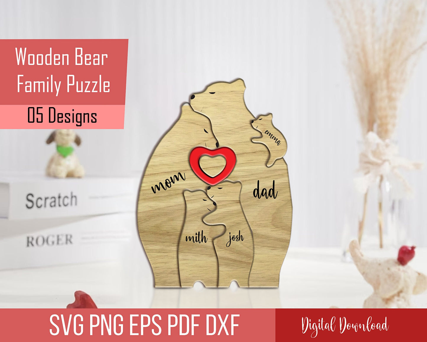 Wooden Bear Family Puzzle SVG Laser Cut File, Family Gift Puzzle Laser Cut Files, Love SVG Design