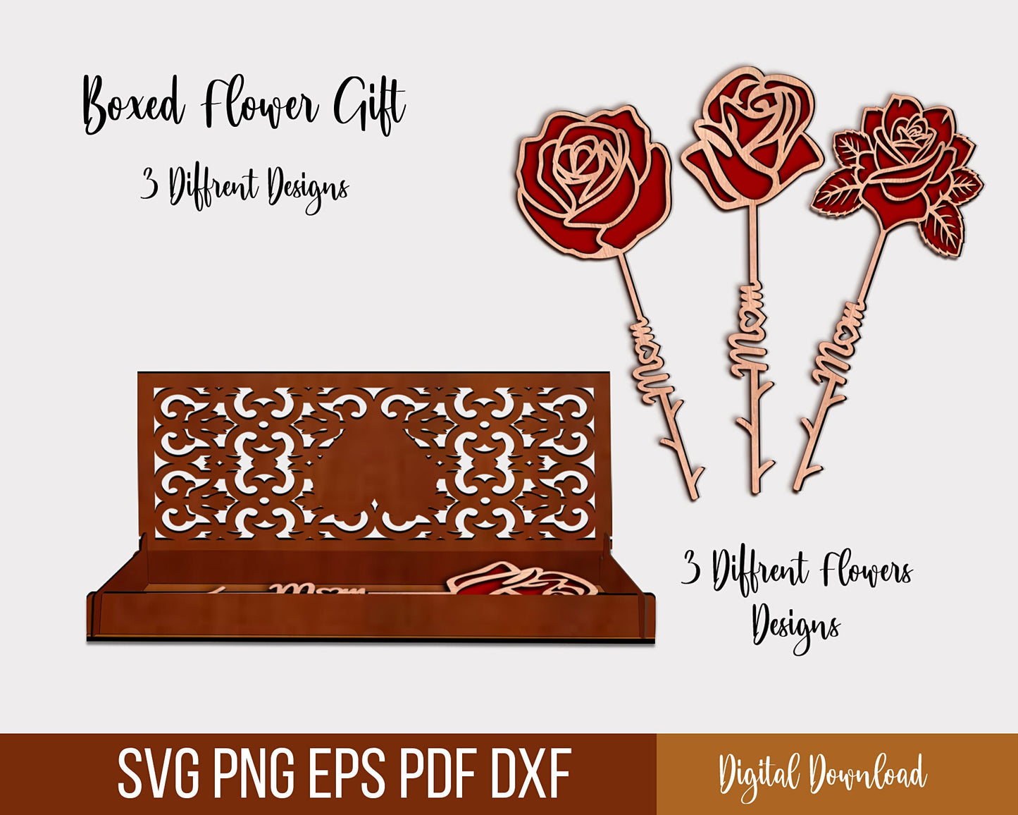 Boxed Flower Gift Laser Cut SVG,  Laser Cut Gift Box and Flower, Valentine's Day Mother's Day Anniversary Valentines, Flower Cut Files