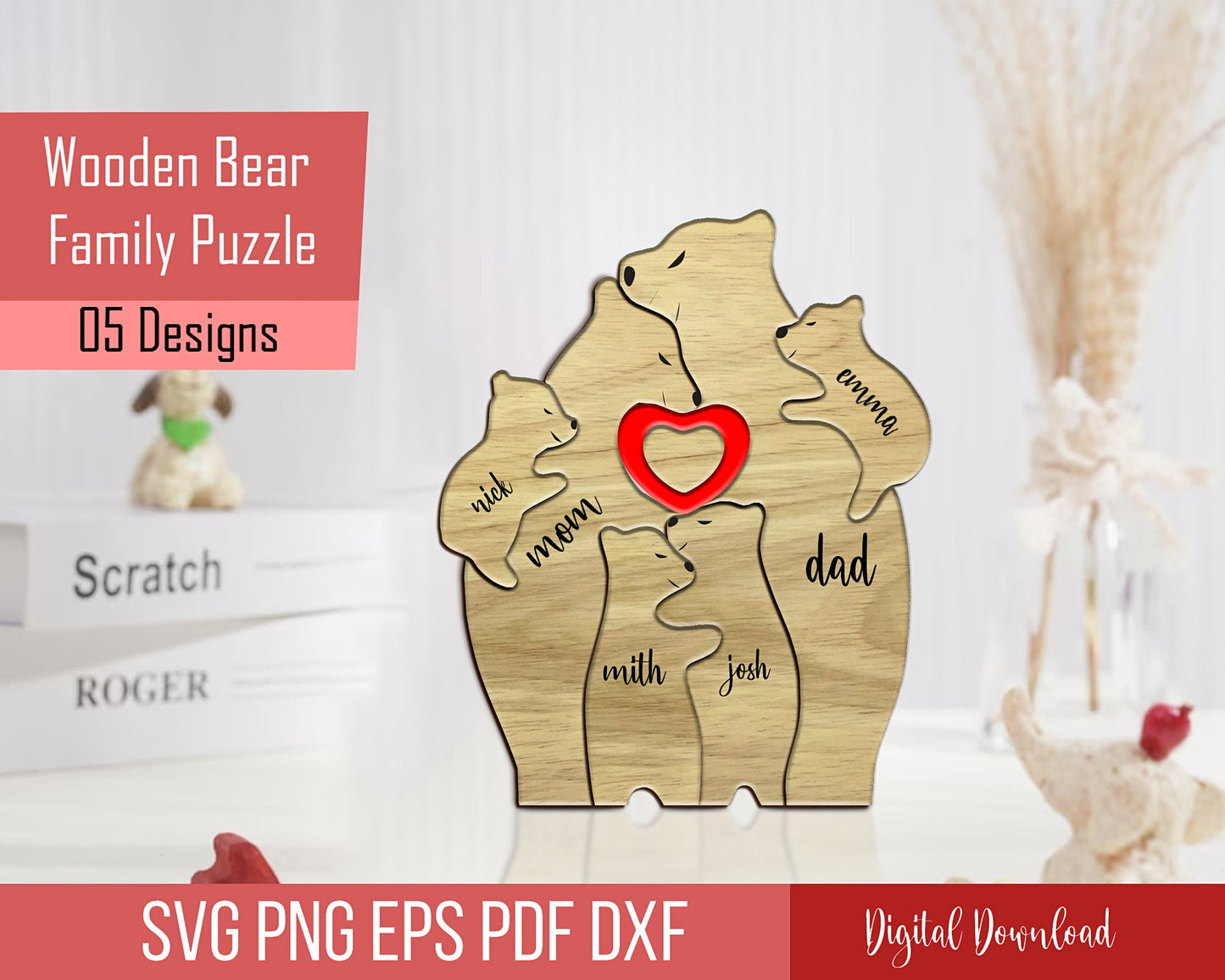 Wooden Bear Family Puzzle SVG Laser Cut File, Family Gift Puzzle Laser Cut Files, Love SVG Design