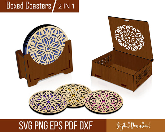 Decorative Pattern Boxed Coasters SVG, Decorative Pattern Boxed Coasters Laser Cut Svg Files, Vector Files For Laser Cutting