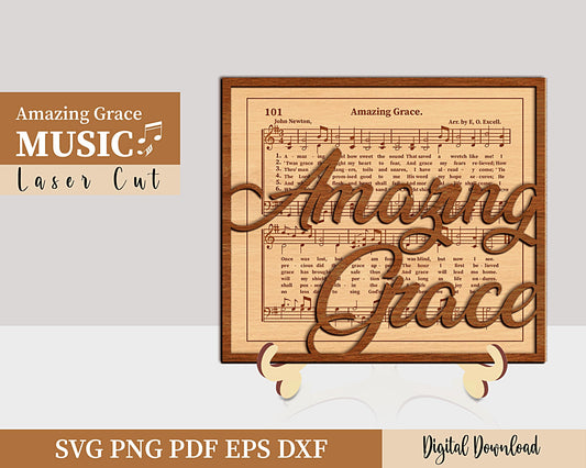 Amazing Grace Laser SVG .Pdf .Png, Cricut, Silhouette Laser Cut File SVG, Glowforge Ready Design, Music Faith, Religious Tiered Decor.