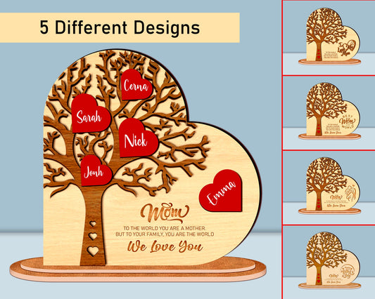 Personalized Family Tree Heart Stand Decor SVG, Tree Of Life Svg, Mothers Day Svg, Wooden Decorative Stand 3D, Glowforge Svg Laser Cut Files