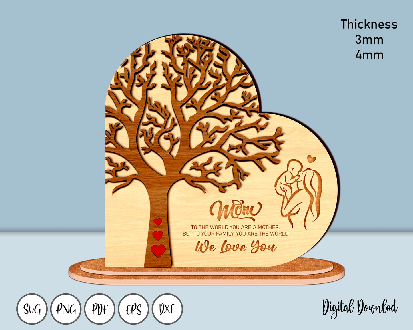 Personalized Family Tree Heart Stand Decor SVG, Tree Of Life Svg, Mothers Day Svg, Wooden Decorative Stand 3D, Glowforge Svg Laser Cut Files