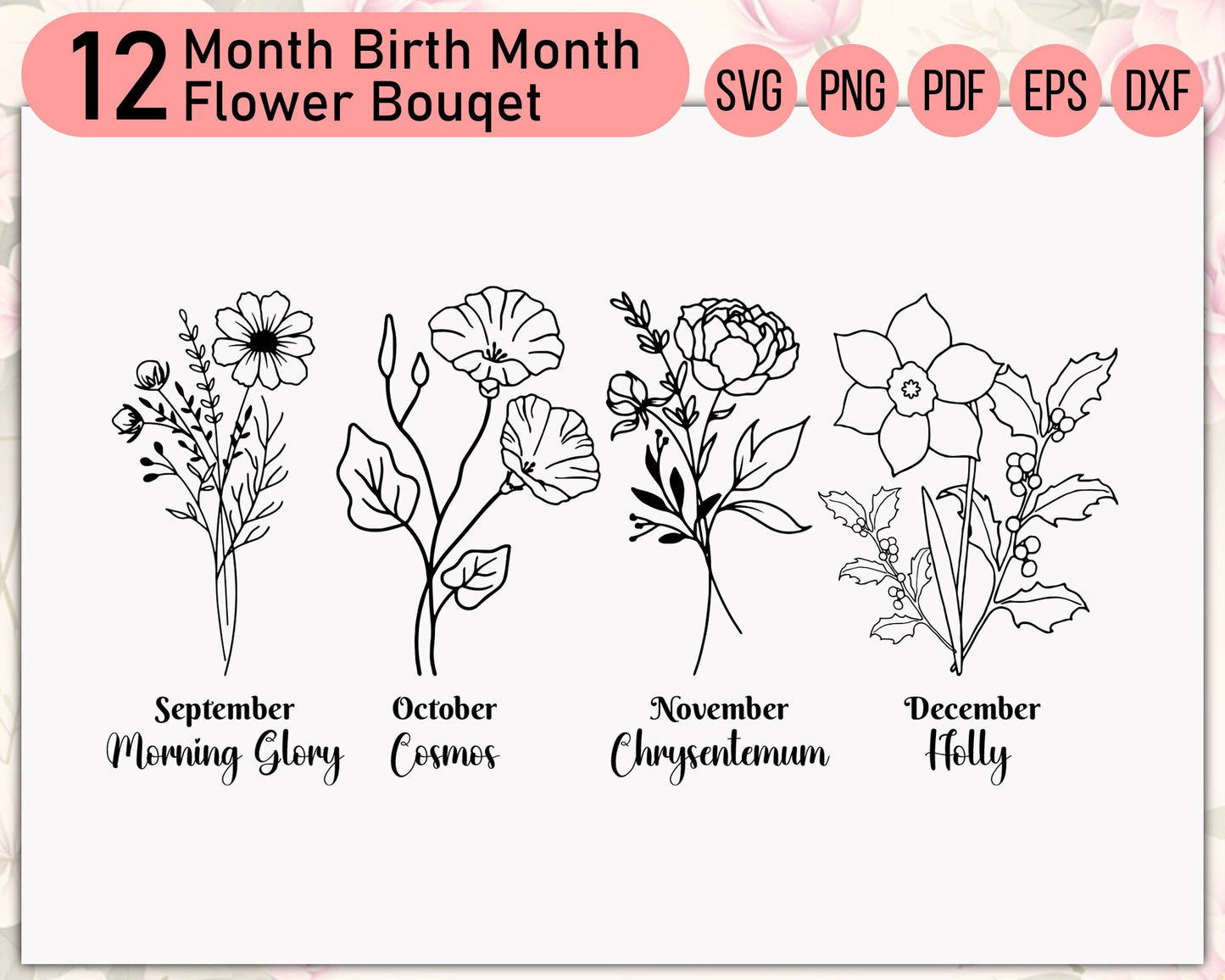 Birth Month Flowers Clipart, Birth Month Svg Bundle, Diy Gift, Wildflower Svg, Transparent Background, Birthday Flower, Botanical Poppy svg.