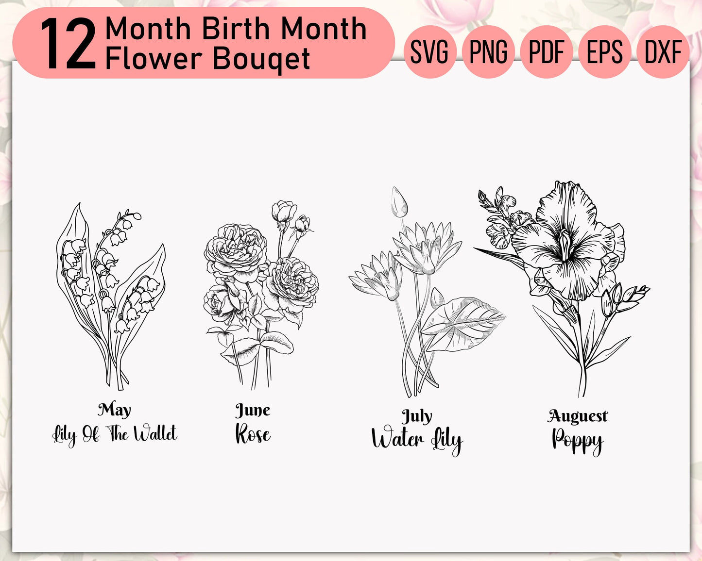 Birth Month Flowers Clipart, Birth Month Svg Bundle, Diy Gift, Wildflower Svg, Transparent Background, Birthday Flower, Botanical Poppy svg.