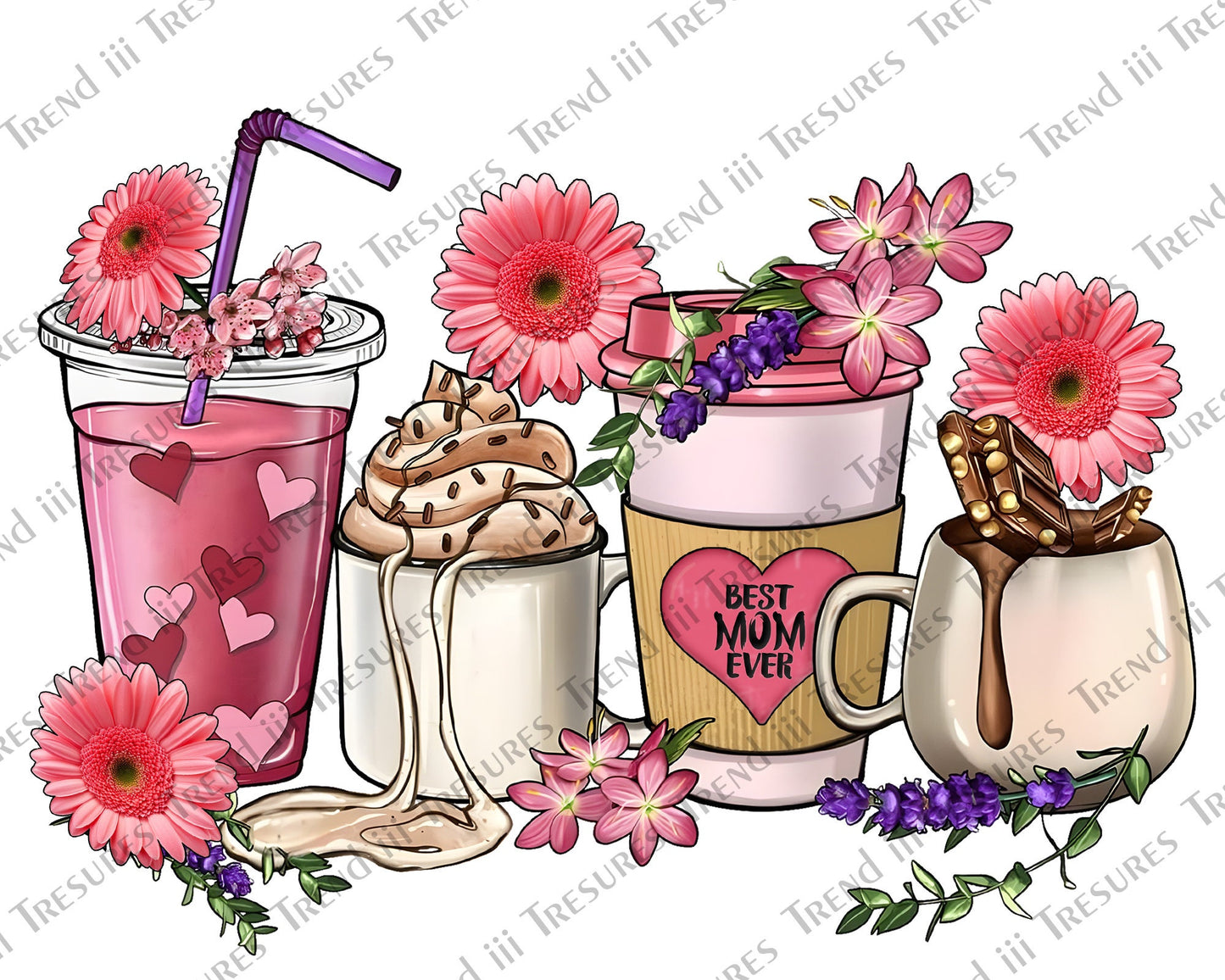 Best Mom Floral Coffee Cups Png, Ice Cream Cups Png Design, Floral Mom Clipart, Mother's Day Png, Gift For Mom, Sublimate Designs Download.