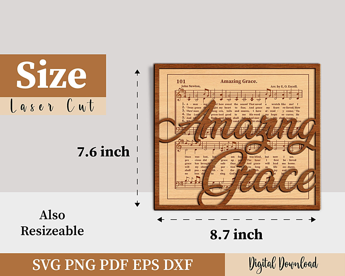 Amazing Grace Laser SVG .Pdf .Png, Cricut, Silhouette Laser Cut File SVG, Glowforge Ready Design, Music Faith, Religious Tiered Decor.