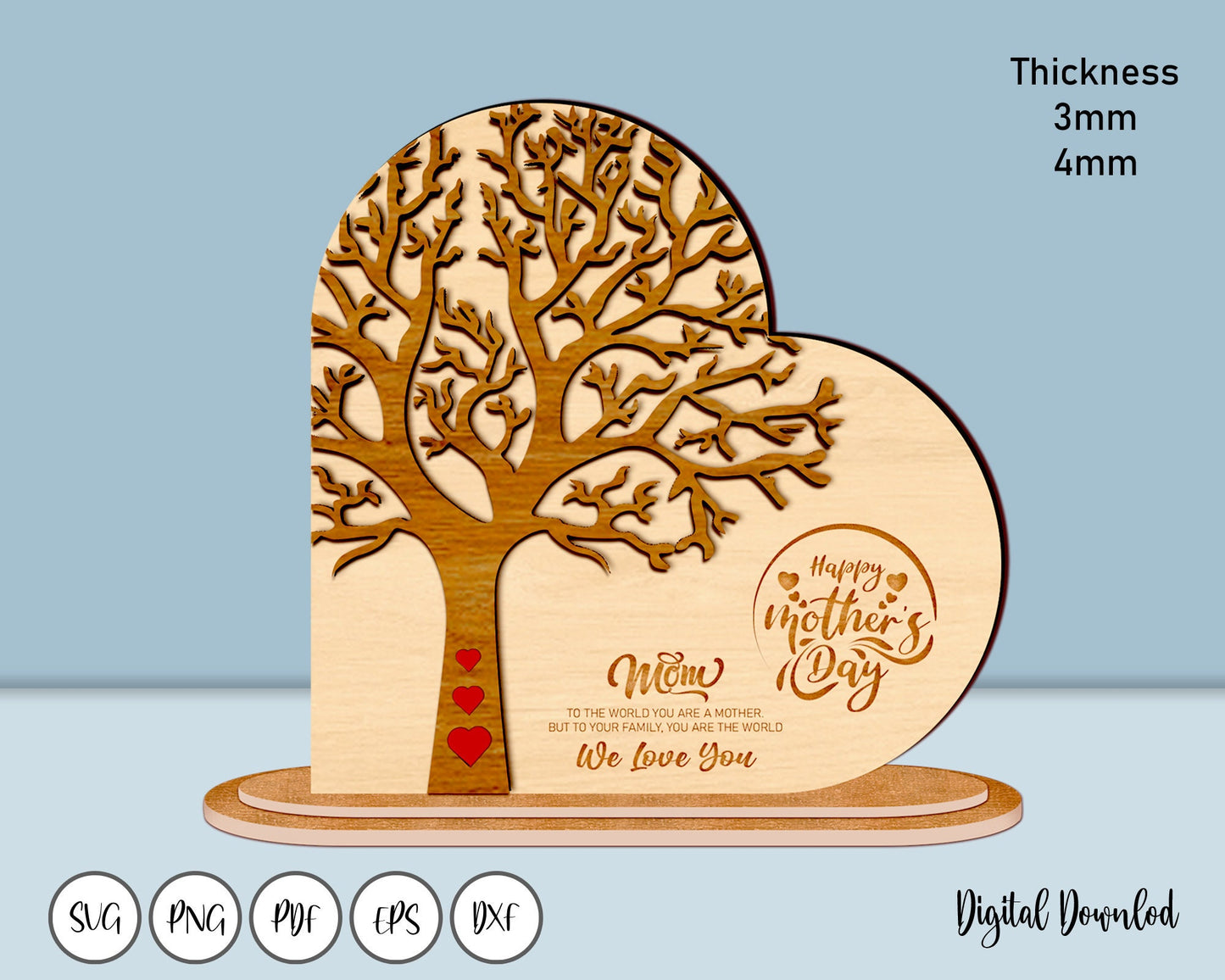 Personalized Family Tree Heart Stand Decor SVG, Tree Of Life Svg, Mothers Day Svg, Wooden Decorative Stand 3D, Glowforge Svg Laser Cut Files