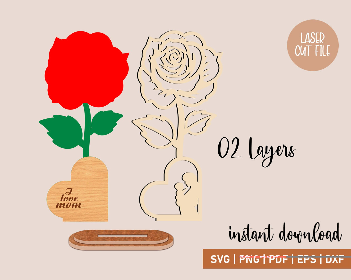 Laser Pink Flower, Mother's Day, vector, Also Photo Frame, I Love Mom Svg, SVG Laser Cut File, Mom Svg, Gift for Mom, Rose Flower Laser Cut.