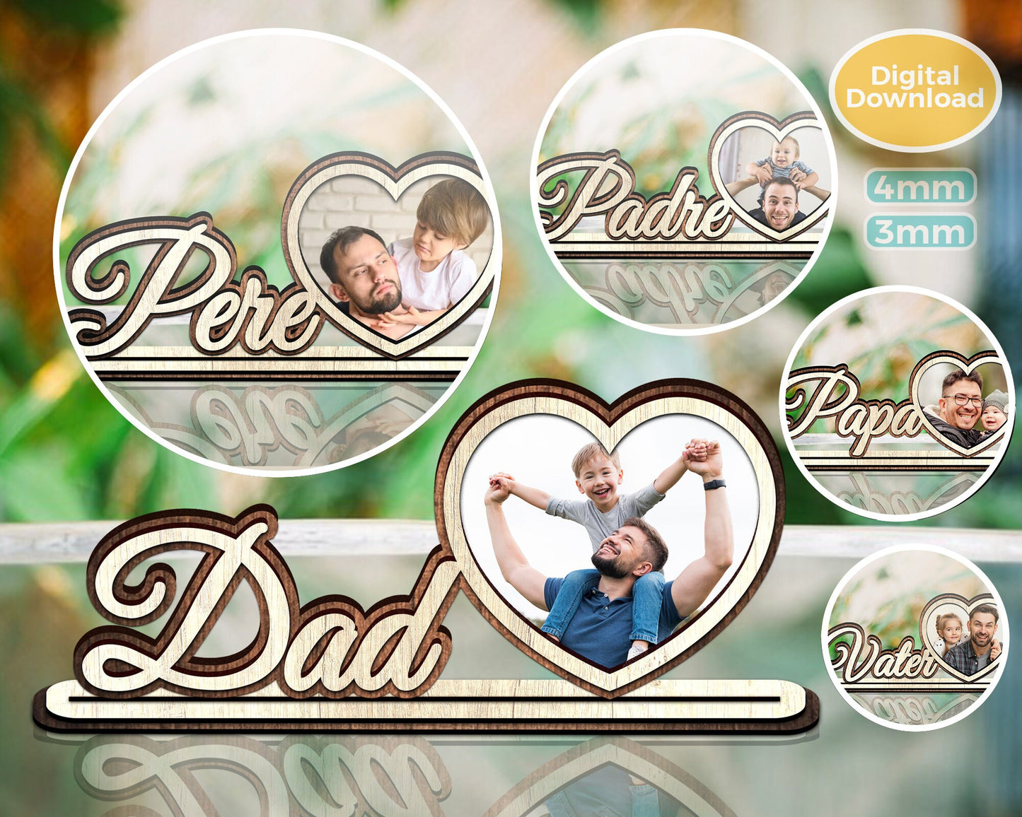 Happy Father’s Day Gift For Dad, Standing Dad Text With Heart Shape Photo Frame, Daddy Svg, Father's Day Designs, Diy Gift Digital Download.