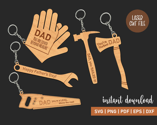 Set of 5 Tool shaped Father's Day Keyrings, Laser Cut Digital File, Gift For Dad, Digital Downloads, Dad SVG, Keychains for Dad,