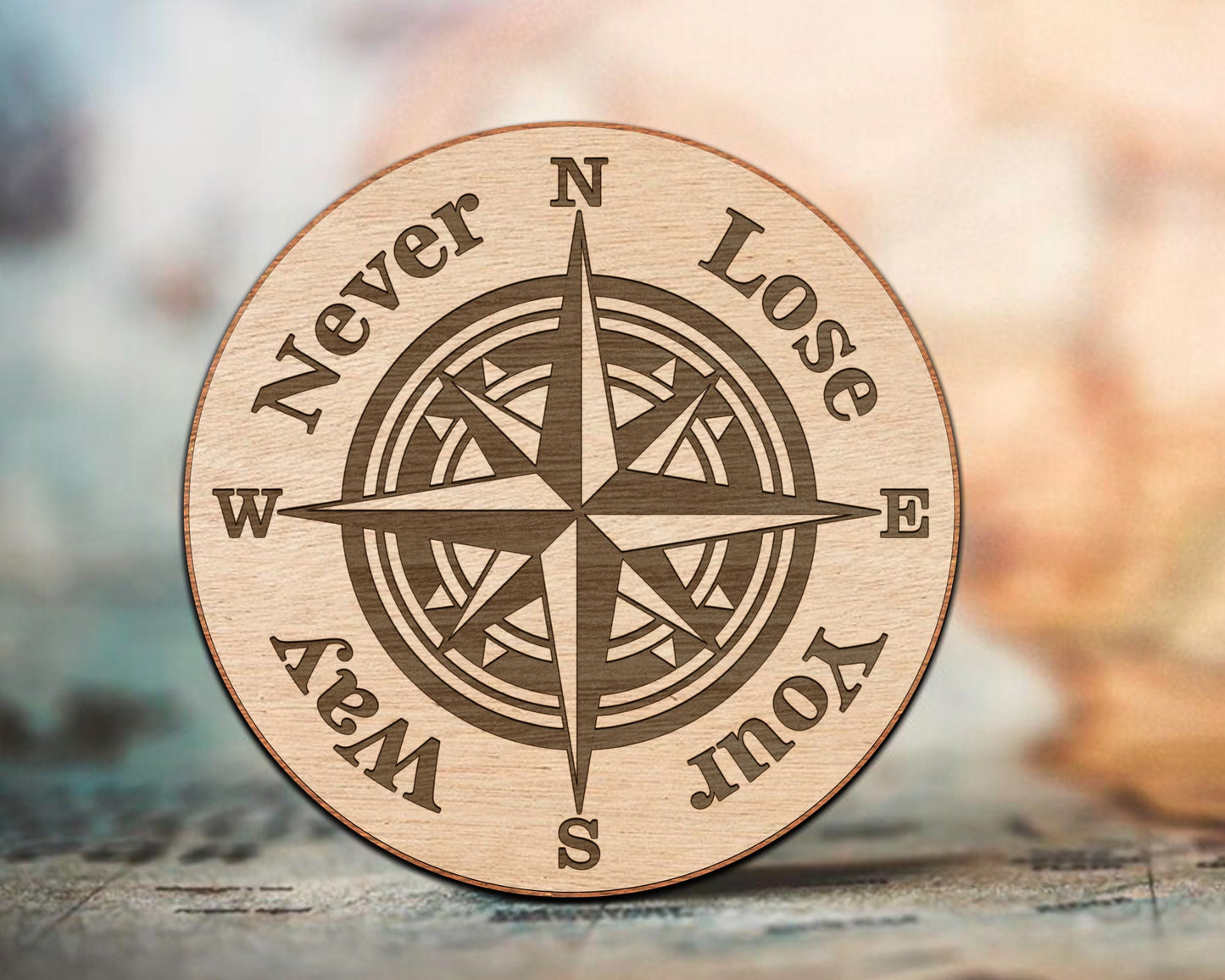 Never Lose Your Way Compass Token, Glowforge Tested Omtech Laser File,Compass SVG, Nautical Compass, Compass Digital File, Instant Download.