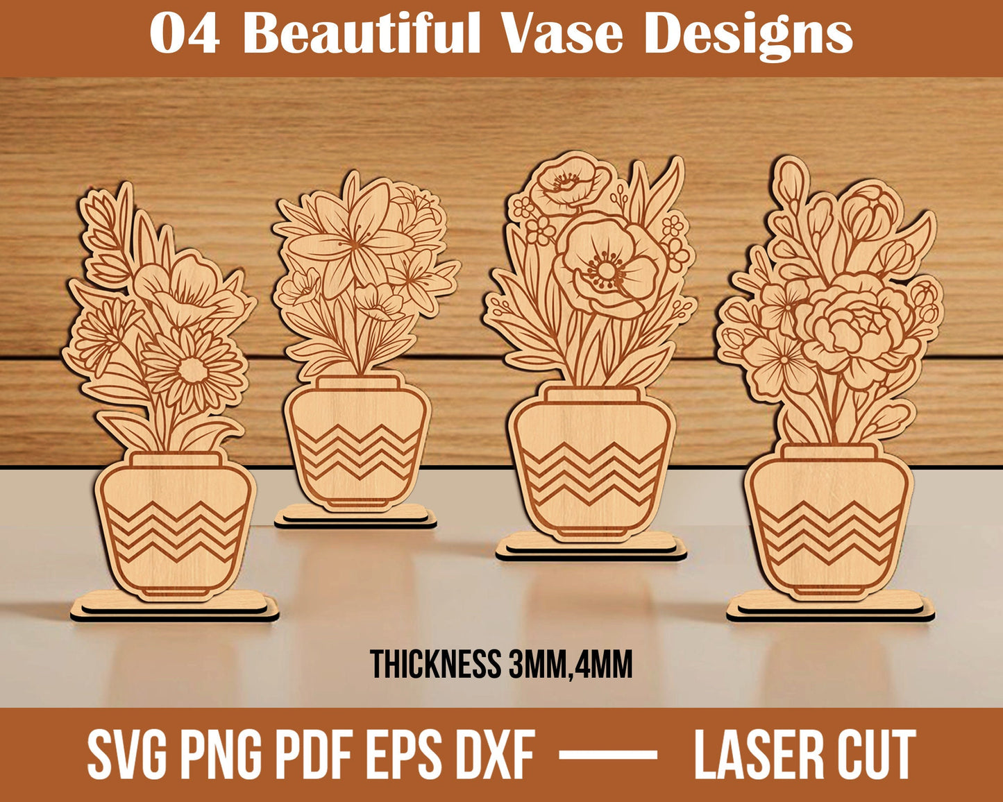 Vase Flowers Table Decor Laser Cut SVG File, Vase Laser Cutting File, Glowforge Vase Decor SVG Cricut, Wooden Mandala Vase Flower DXF Cut.