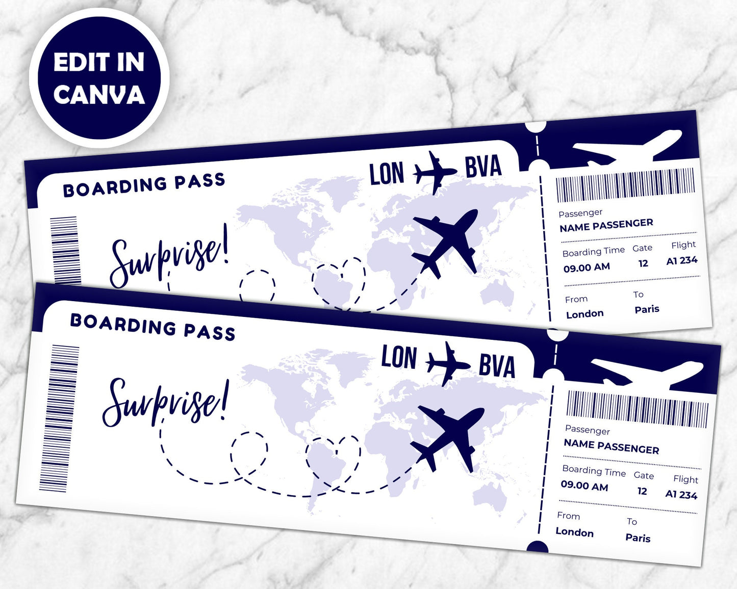 Editable Boarding Pass Template, Printable Personalized Airline Ticket, Surprise Trip, Canva Boarding Pass, Airplane Ticket Gift Card.