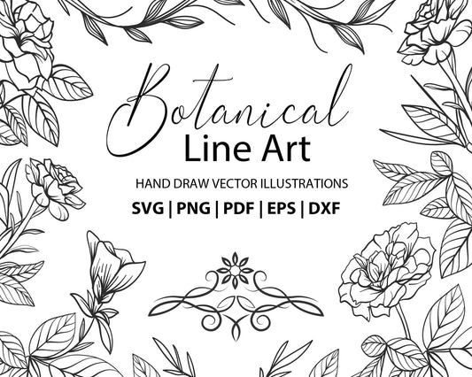 Botanical Line Art SVG, Floral Line Art, Wedding Flowers, Wildflowers Line Art, Hand Drawn Vector Flowers and Plants, Monogram Flowers SVG.