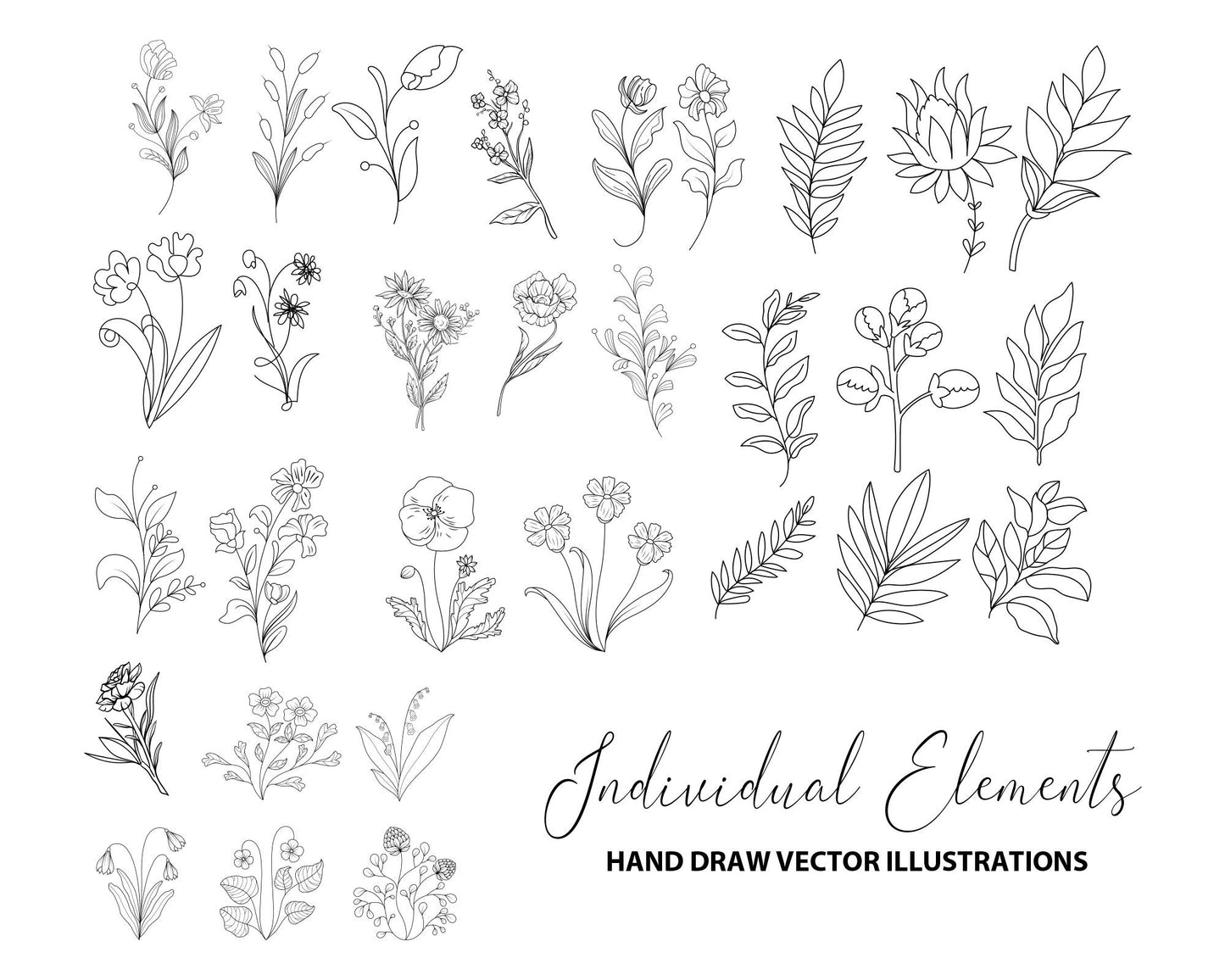 Botanical Line Art SVG, Floral Line Art, Wedding Flowers, Wildflowers Line Art, Hand Drawn Vector Flowers and Plants, Monogram Flowers SVG.